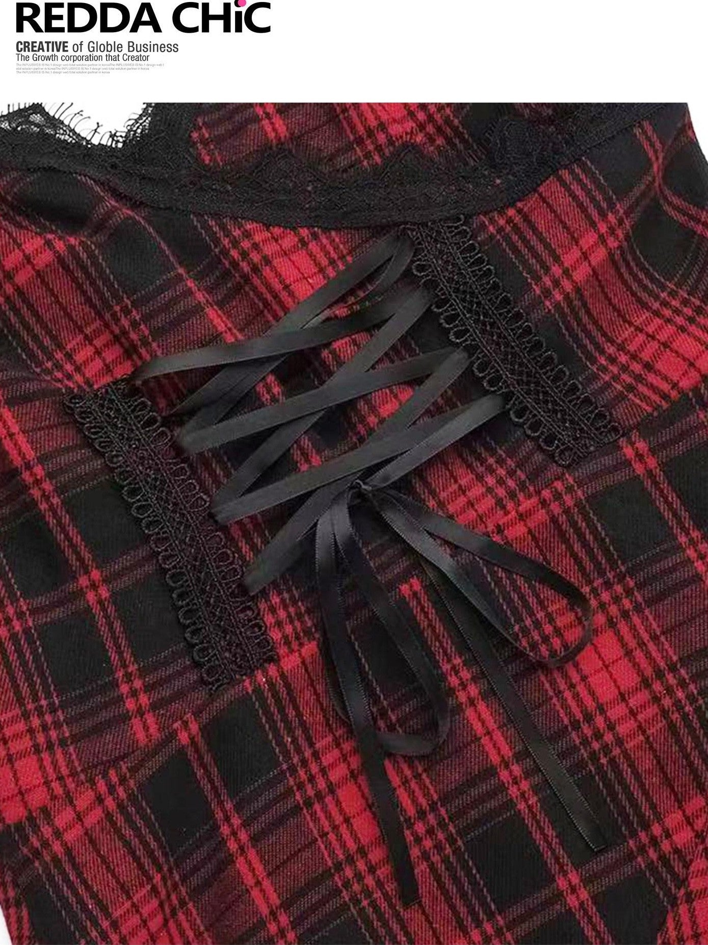 REDDACHIC Black Red Plaid Gothic Asymmetric Lace Tie Waist Women'S Slip Midi Dresses