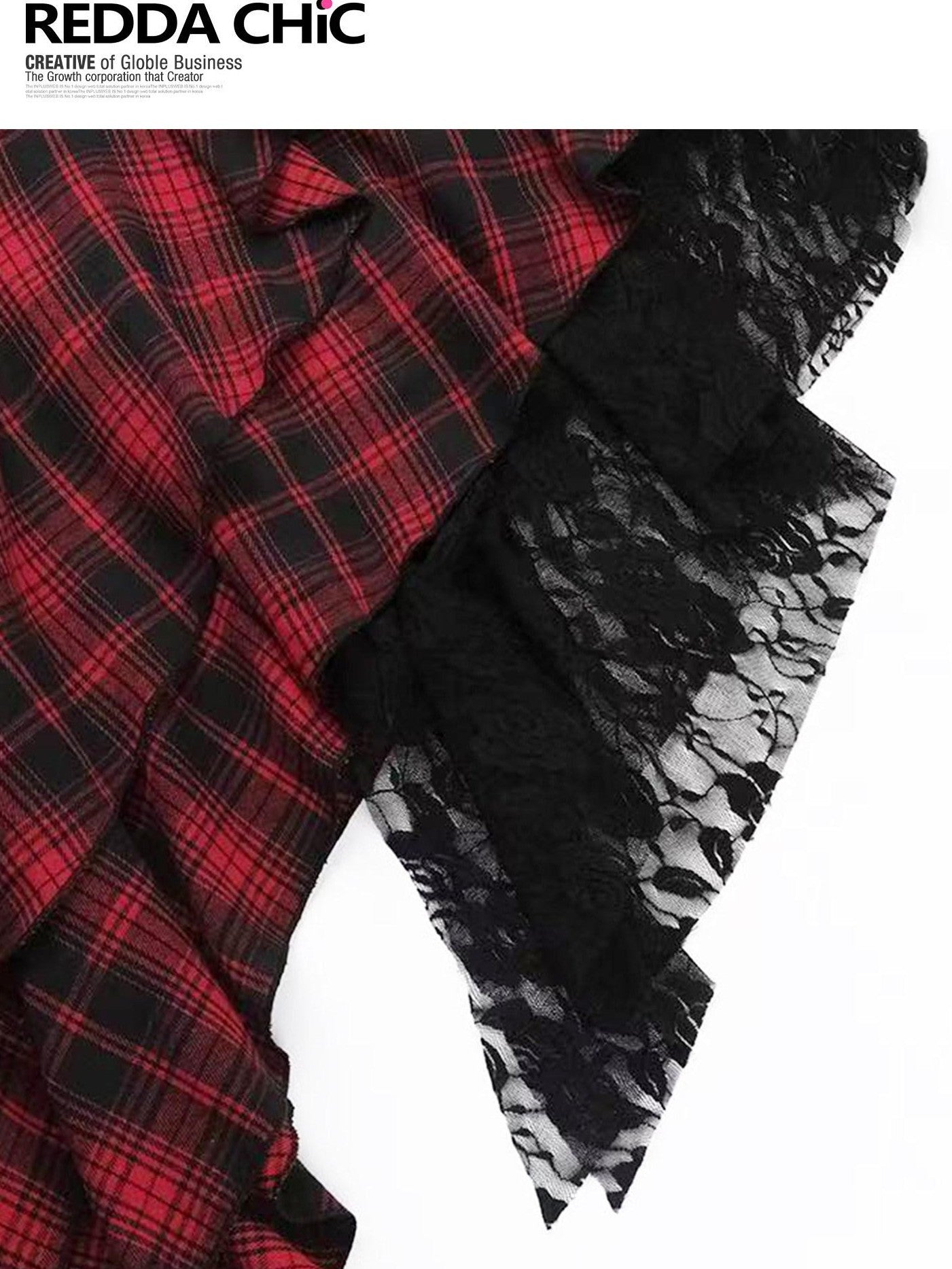 REDDACHIC Black Red Plaid Gothic Asymmetric Lace Tie Waist Women'S Slip Midi Dresses
