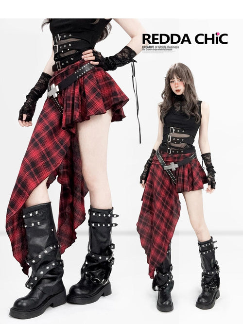 REDDACHIC Black Red Plaid Patchwork Asymmetric Ruffle Punk Women'S Polyester Midi Skirts