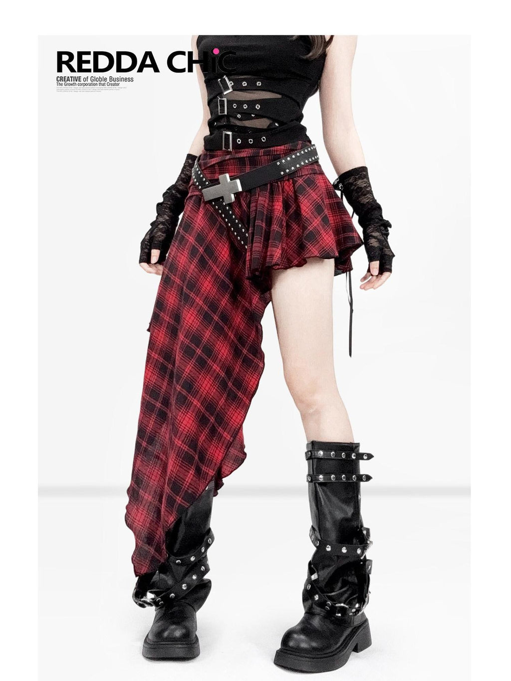 REDDACHIC Black Red Plaid Patchwork Asymmetric Ruffle Punk Women'S Polyester Midi Skirts