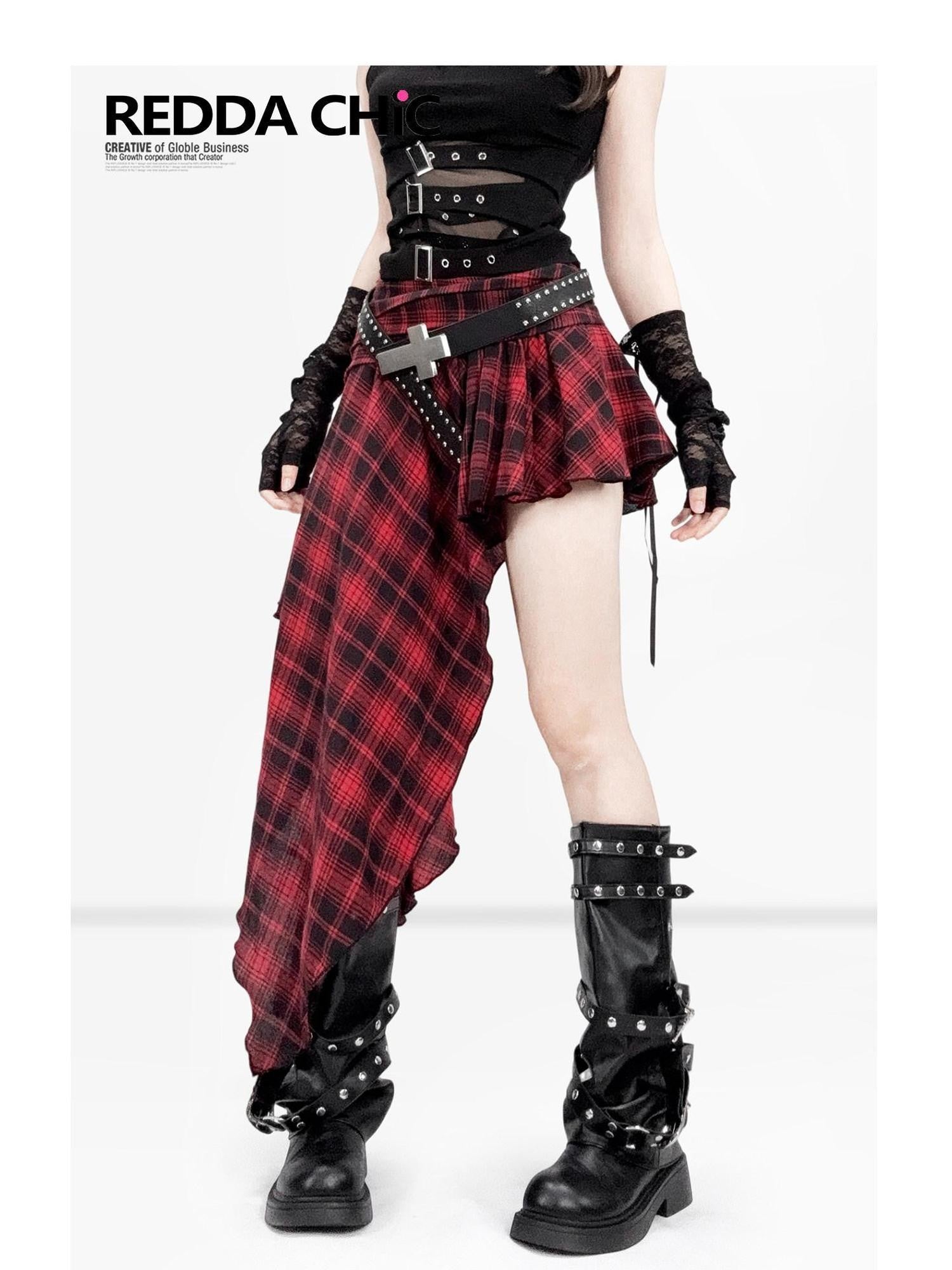 REDDACHIC Black Red Plaid Patchwork Asymmetric Ruffle Punk Women'S Polyester Midi Skirts