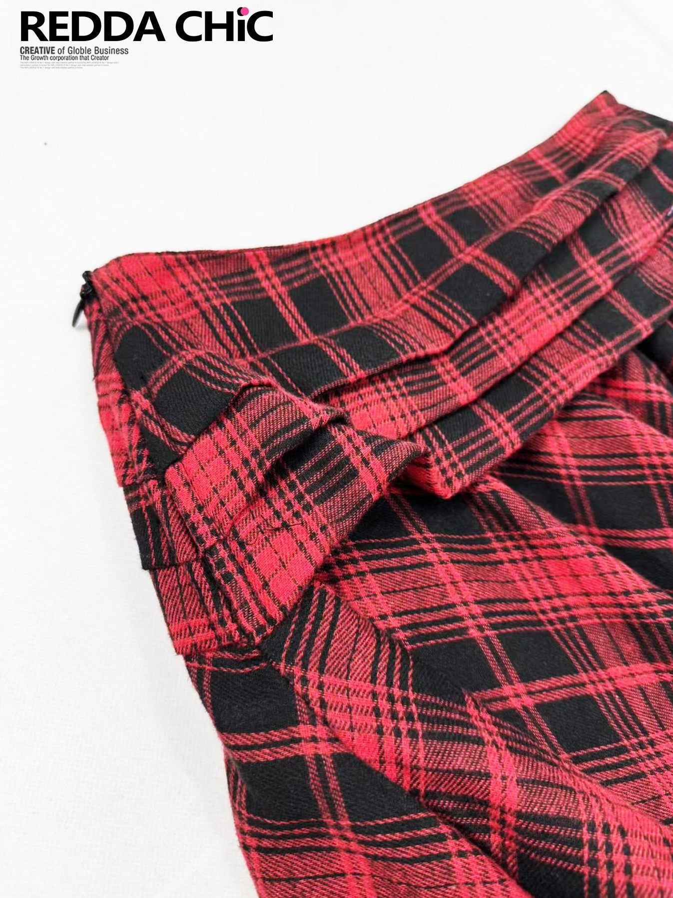 REDDACHIC Black Red Plaid Patchwork Asymmetric Ruffle Punk Women'S Polyester Midi Skirts