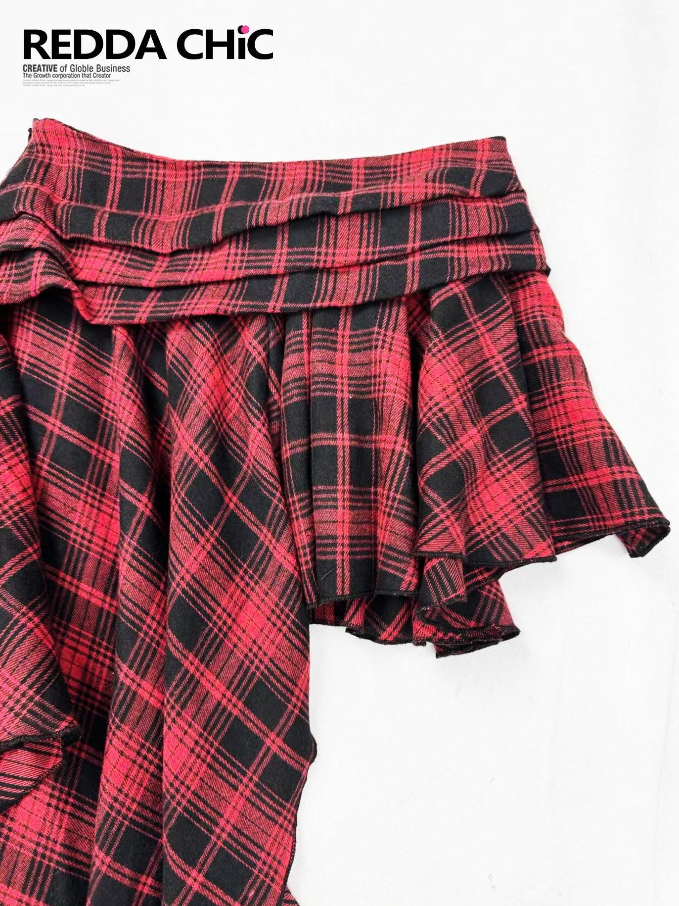REDDACHIC Black Red Plaid Patchwork Asymmetric Ruffle Punk Women'S Polyester Midi Skirts