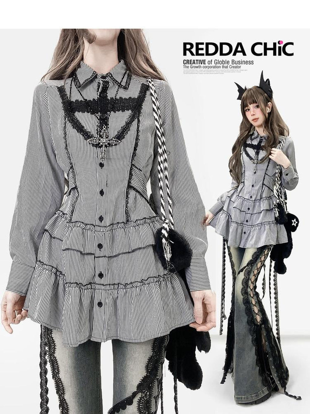 REDDACHIC Black Striped Gothic Fitted Lantern Sleeve Collared Women'S Lace Mini Dresses
