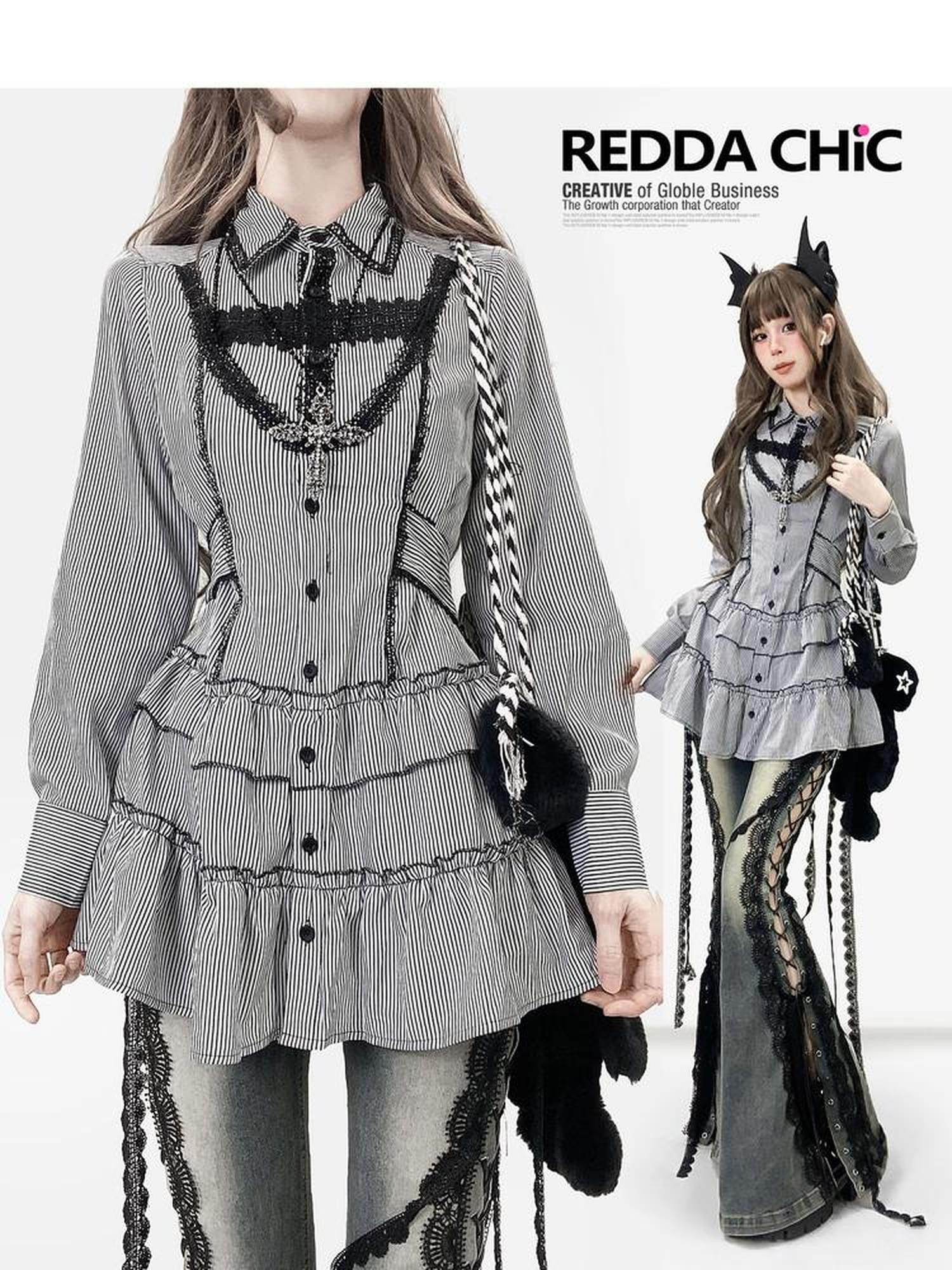 REDDACHIC Black Striped Gothic Fitted Lantern Sleeve Collared Women'S Lace Mini Dresses