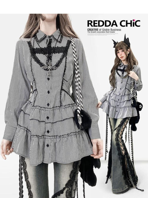REDDACHIC Black Striped Gothic Fitted Lantern Sleeve Collared Women'S Lace Mini Dresses