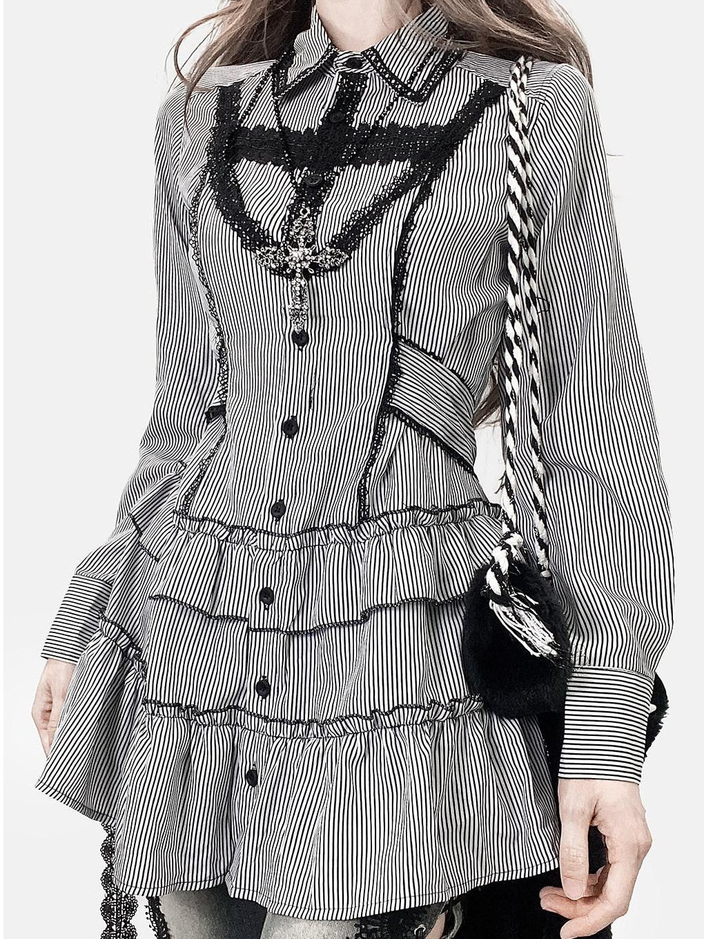 REDDACHIC Black Striped Gothic Fitted Lantern Sleeve Collared Women'S Lace Mini Dresses