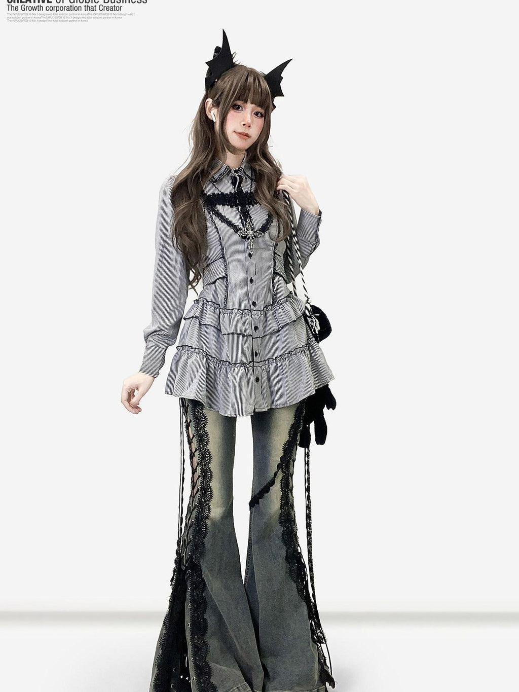 REDDACHIC Black Striped Gothic Fitted Lantern Sleeve Collared Women'S Lace Mini Dresses