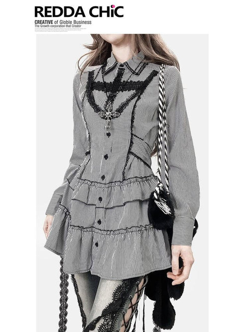 REDDACHIC Black Striped Gothic Fitted Lantern Sleeve Collared Women'S Lace Mini Dresses