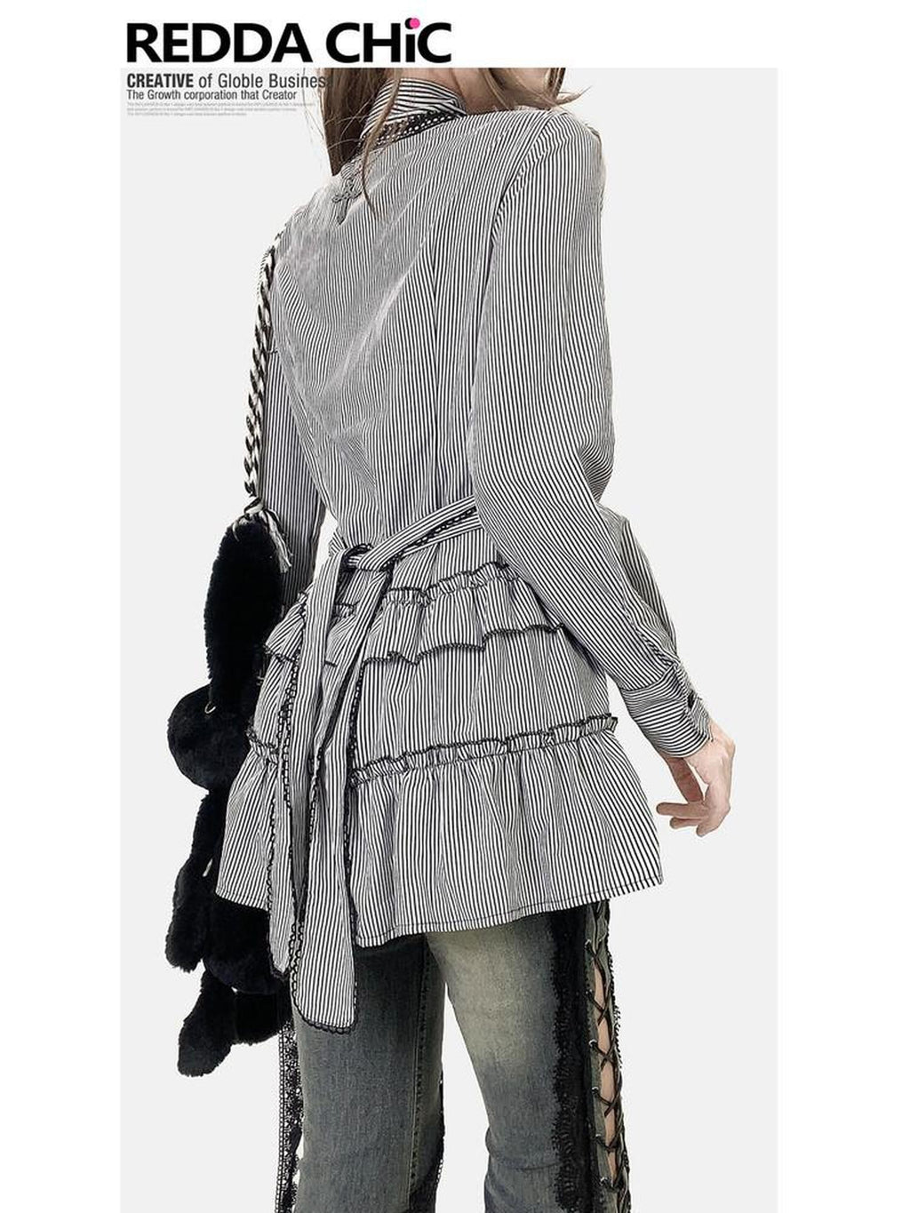 REDDACHIC Black Striped Gothic Fitted Lantern Sleeve Collared Women'S Lace Mini Dresses