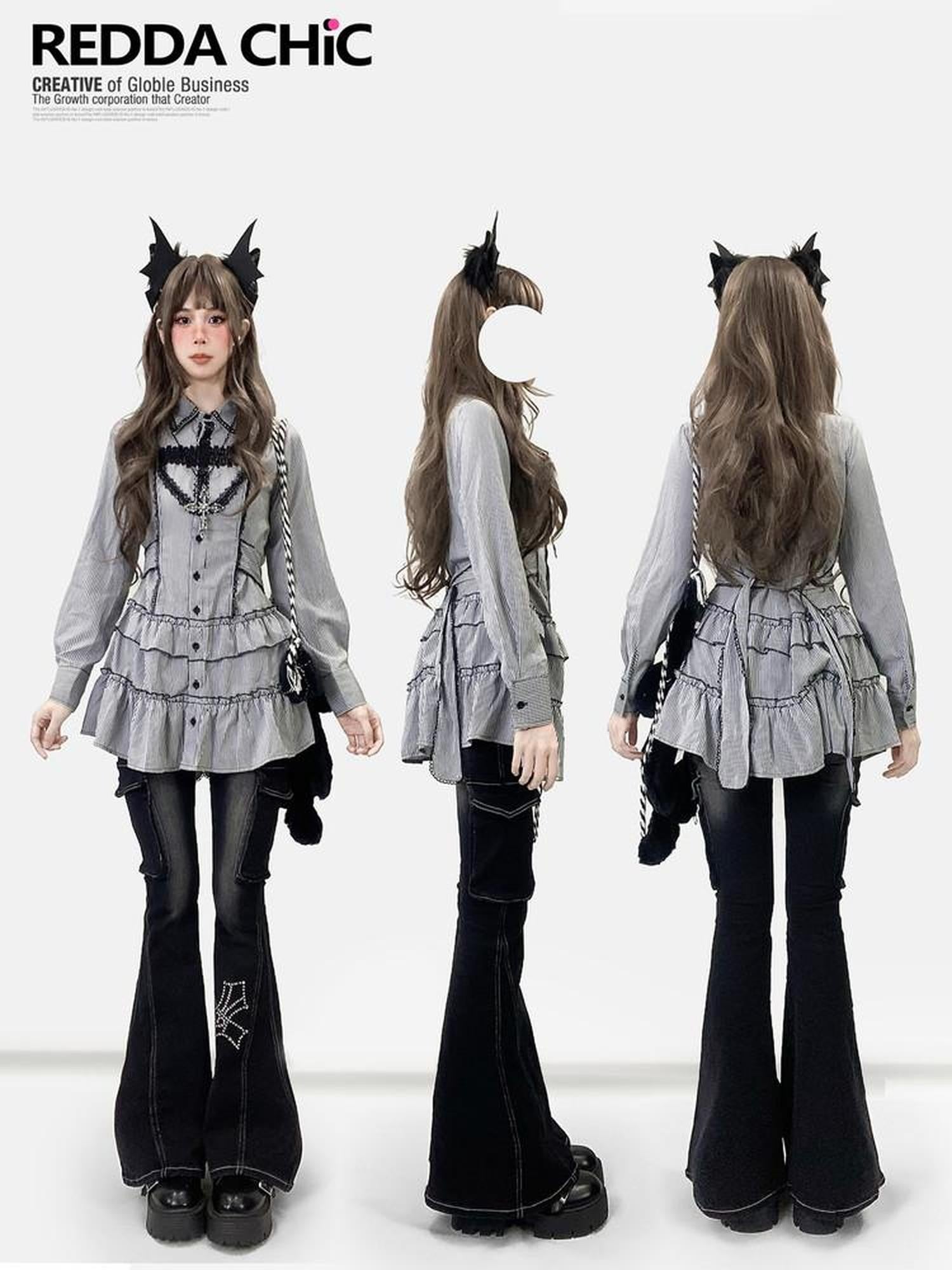 REDDACHIC Black Striped Gothic Fitted Lantern Sleeve Collared Women'S Lace Mini Dresses