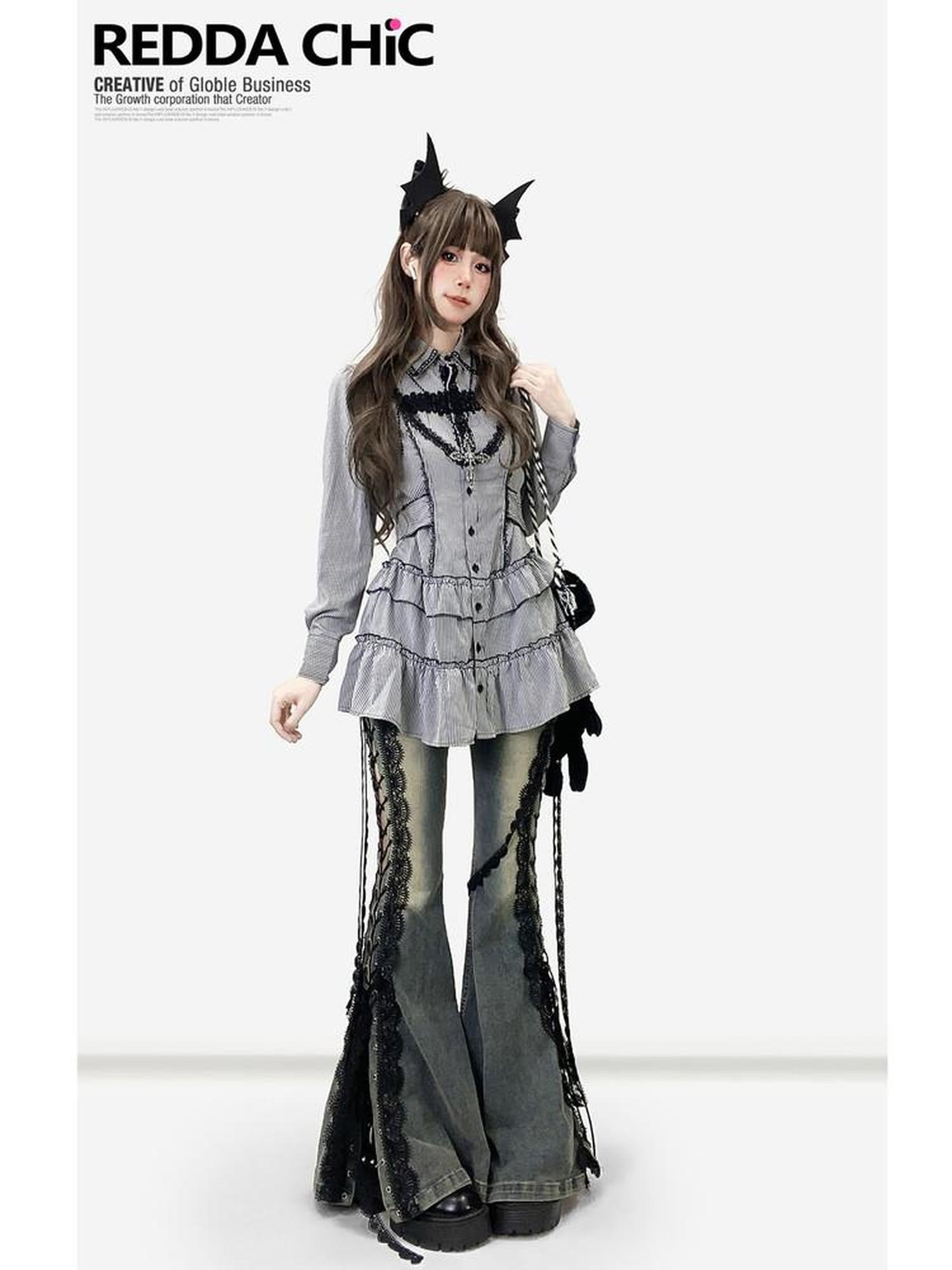 REDDACHIC Black Striped Gothic Fitted Lantern Sleeve Collared Women'S Lace Mini Dresses