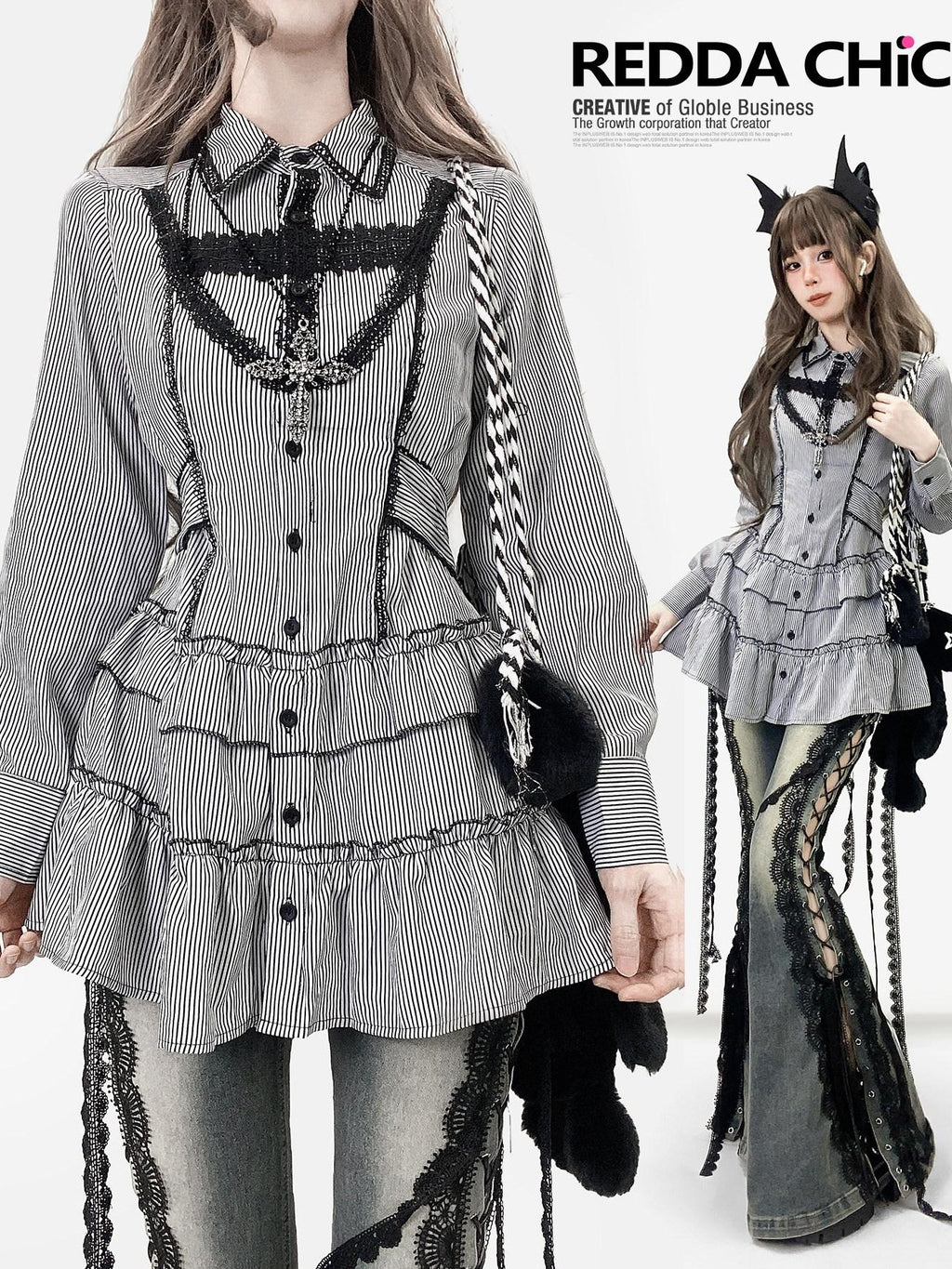 REDDACHIC Black Striped Gothic Fitted Lantern Sleeve Collared Women'S Lace Mini Dresses