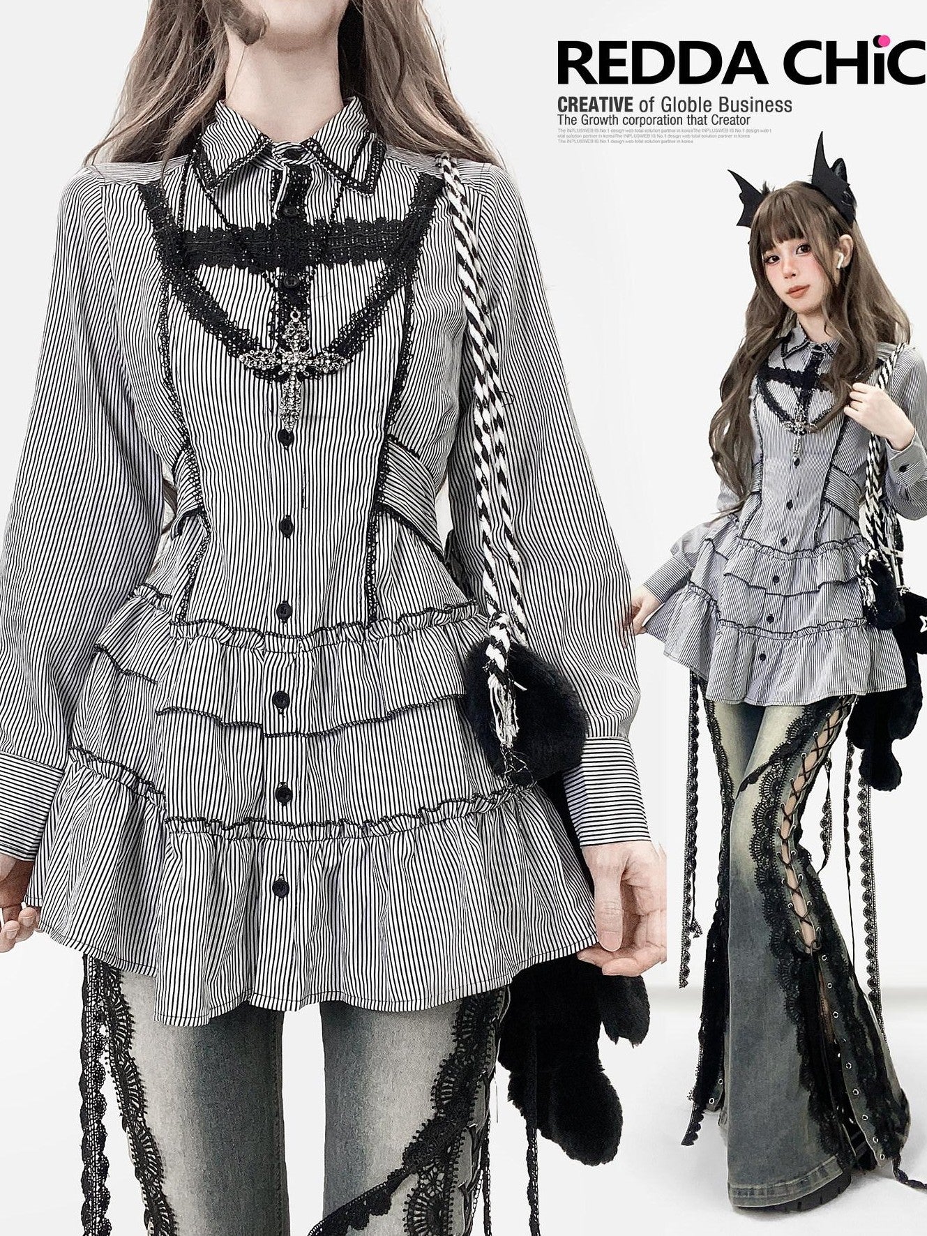 REDDACHIC Black Striped Gothic Fitted Lantern Sleeve Collared Women'S Lace Mini Dresses