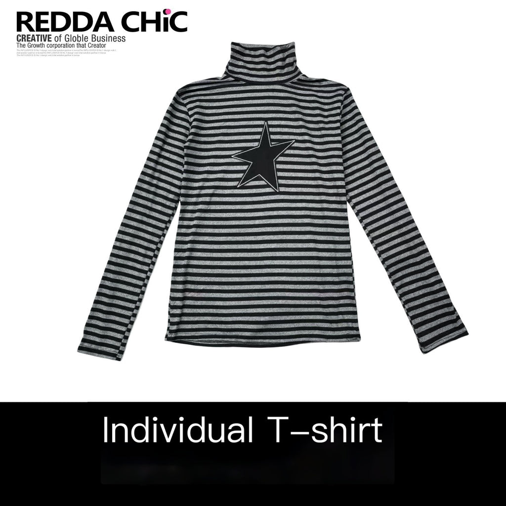 REDDACHIC_Black_Striped_High_Neck_Gothic_Slim_Women'S_Long_Sleeve_T-Shirts_MISSTT