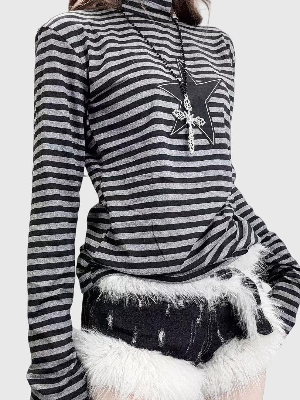 REDDACHIC Black Striped High Neck Gothic Slim Women'S Long Sleeve T-Shirts