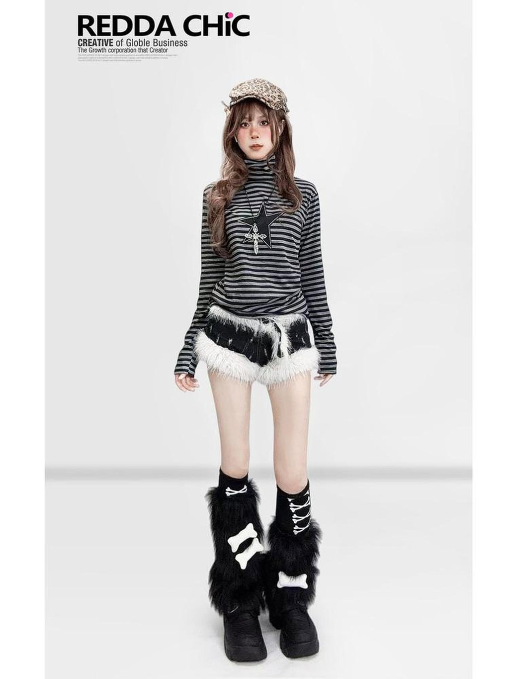 REDDACHIC Black Striped High Neck Gothic Slim Women'S Long Sleeve T-Shirts