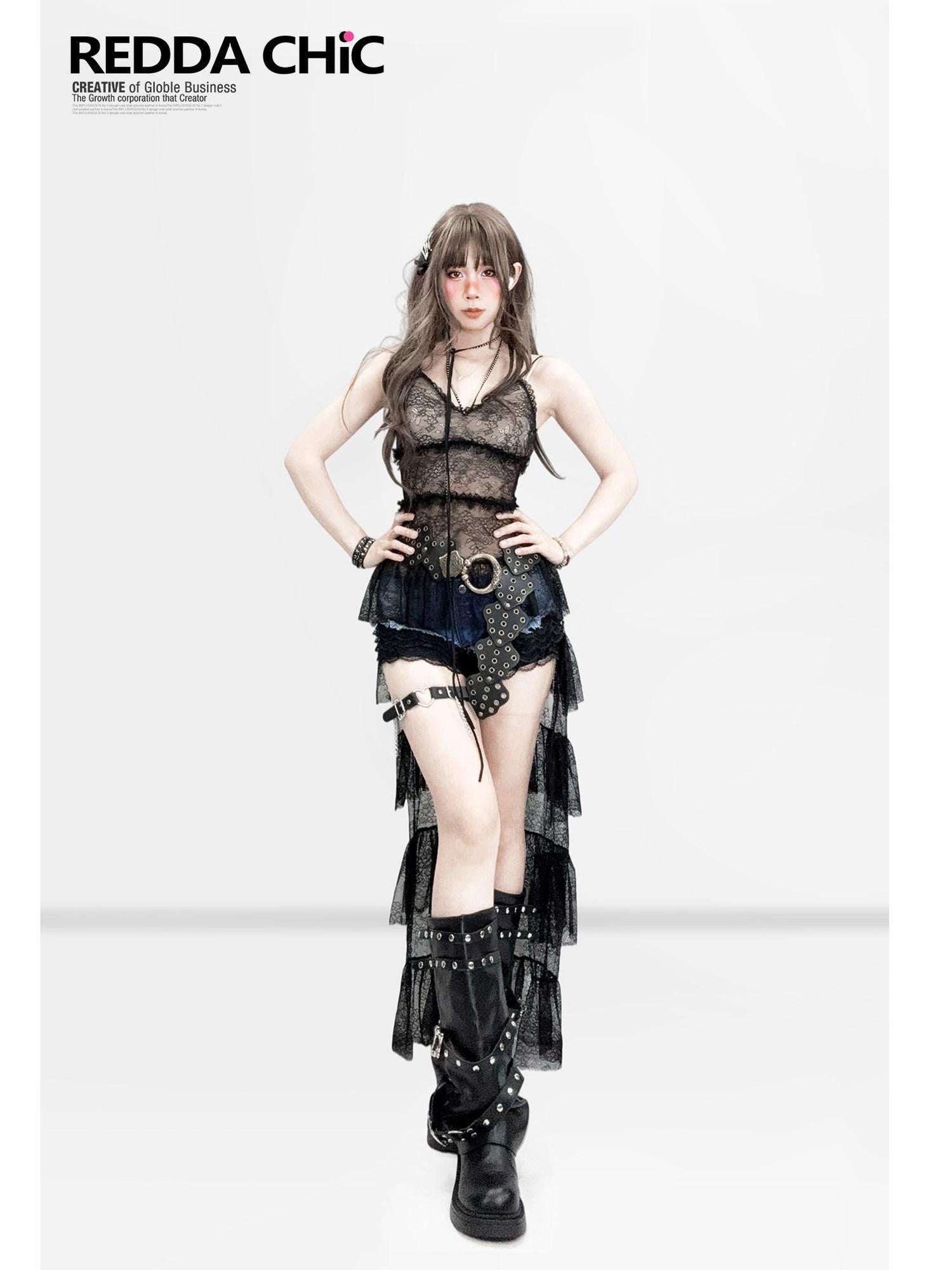REDDACHIC Black Tiered Cake Lace Spaghetti Strap Women'S Composite Lace Slip Mini Dresses