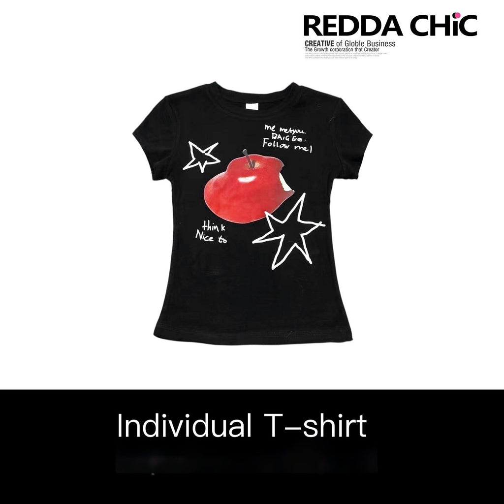 REDDACHIC_Black_Vintage_Y2K_Graffiti_Print_Cropped_Slim_Women'S_Short_Sleeve_T-Shirts_MISSTT