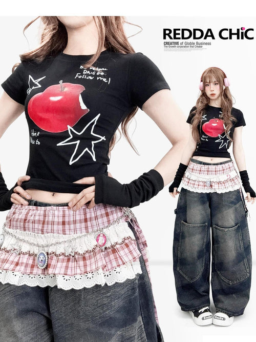 REDDACHIC Black Vintage Y2K Graffiti Print Cropped Slim Women'S Short Sleeve T-Shirts