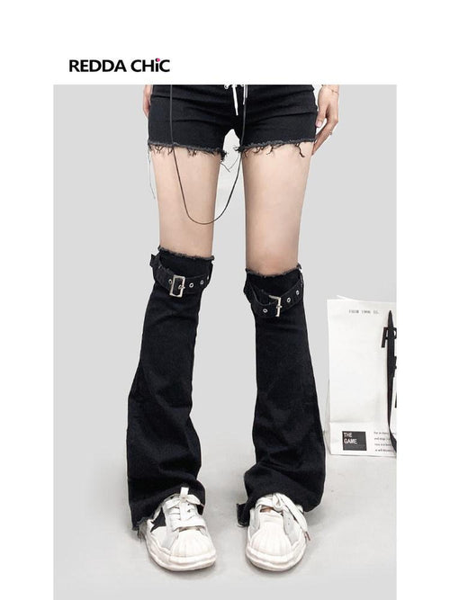REDDACHIC Black Washed Denim Tie Slouch Stacked Over Knee Women'S Denim Leg Warmers