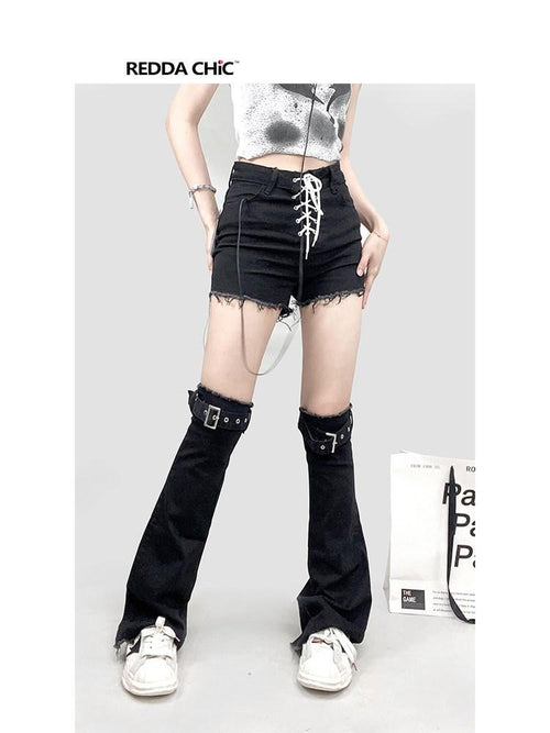 REDDACHIC Black Washed Denim Tie Slouch Stacked Over Knee Women'S Denim Leg Warmers