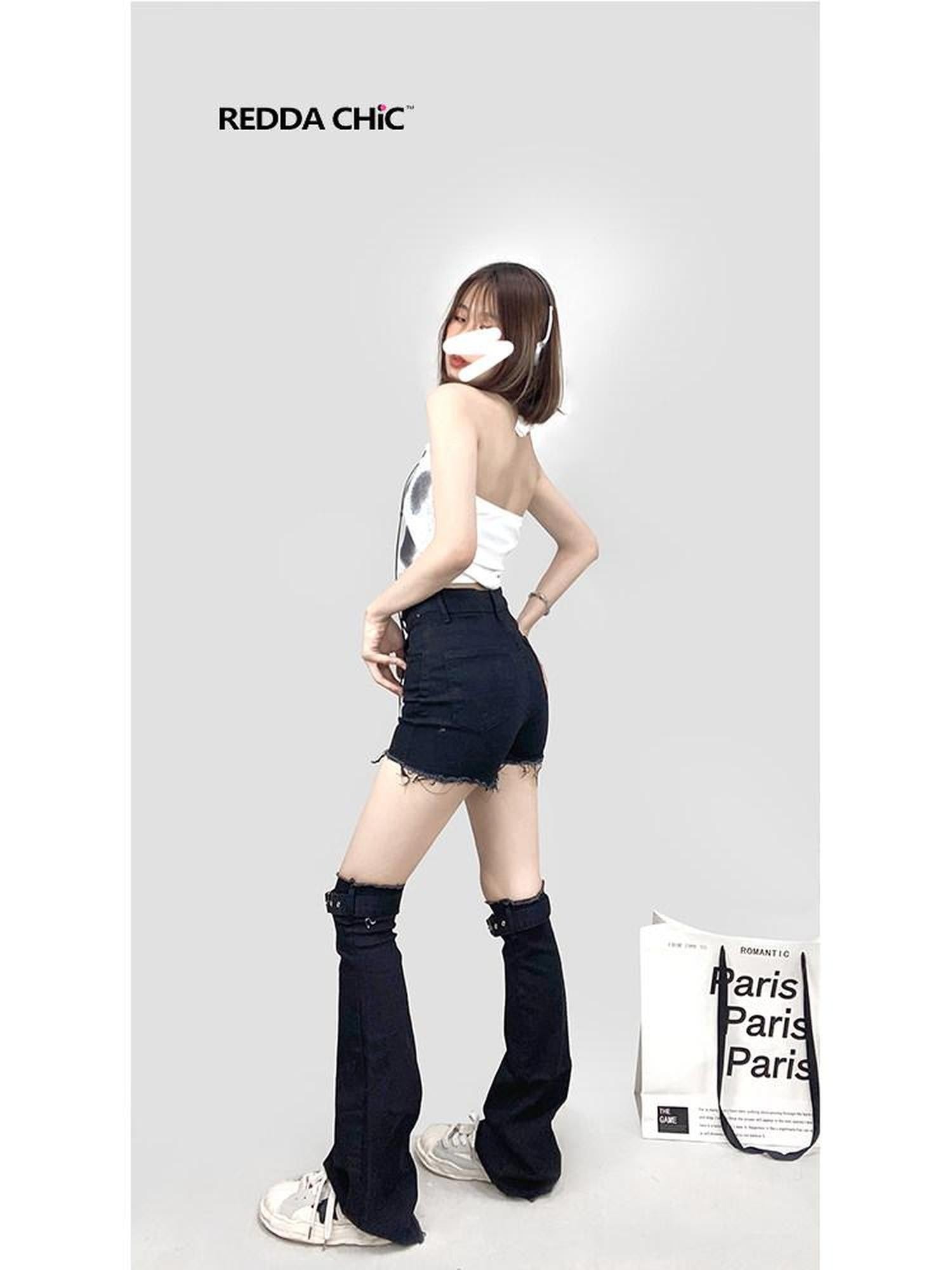 REDDACHIC Black Washed Denim Tie Slouch Stacked Over Knee Women'S Denim Leg Warmers