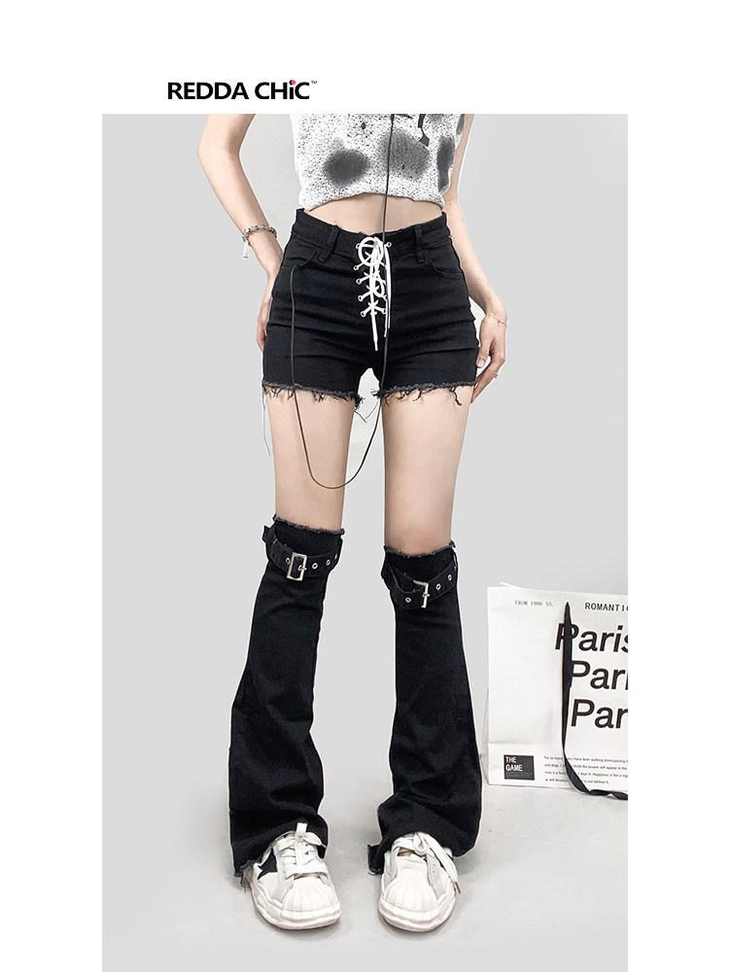 REDDACHIC Black Washed Denim Tie Slouch Stacked Over Knee Women'S Denim Leg Warmers