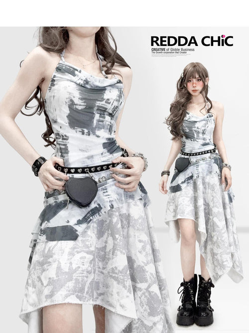 REDDACHIC Black White Asymmetric Halterneck Spaghetti Strap Women'S Fitted Top & Skirt Sets