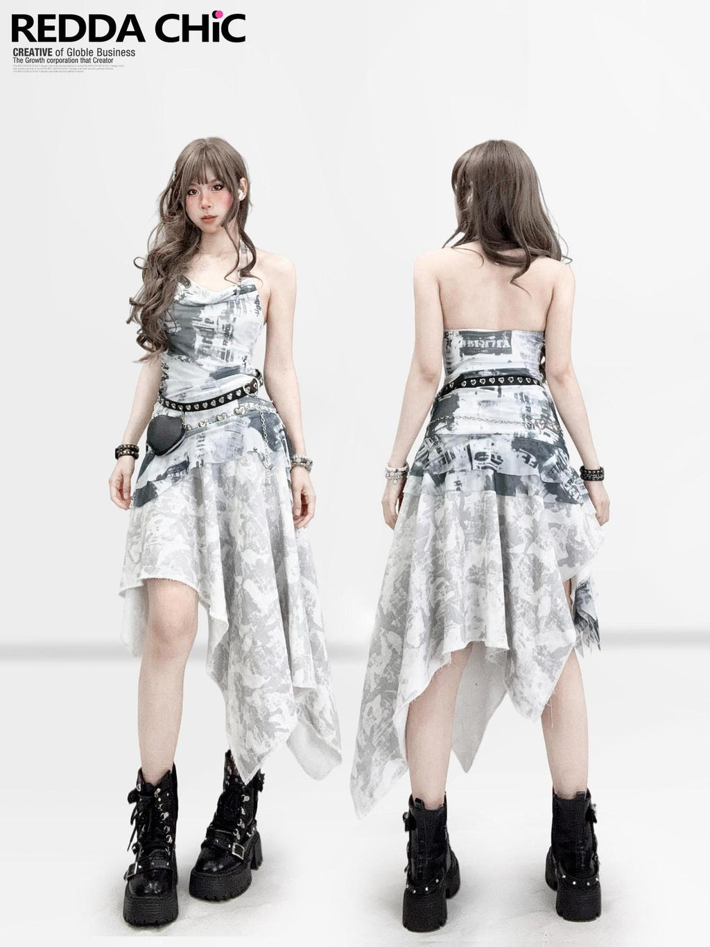 REDDACHIC Black White Asymmetric Halterneck Spaghetti Strap Women'S Fitted Top & Skirt Sets