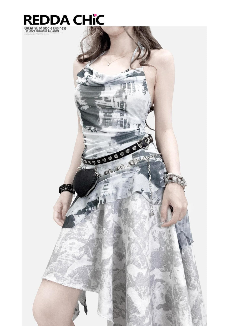 REDDACHIC Black White Asymmetric Halterneck Spaghetti Strap Women'S Fitted Top & Skirt Sets