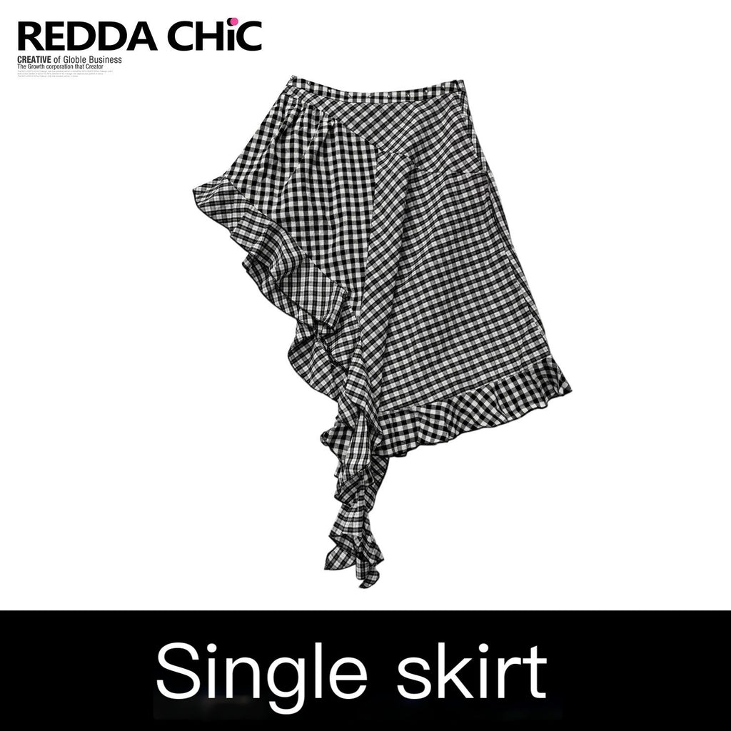 REDDACHIC_Black_White_Check_Asymmetric_Ruffle_A_Line_Women'S_Cotton_Polyester_Midi_Skirts_MISSTT