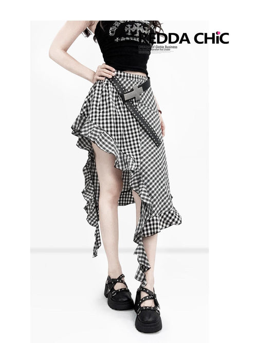 REDDACHIC Black White Check Asymmetric Ruffle A Line Women'S Cotton Polyester Midi Skirts