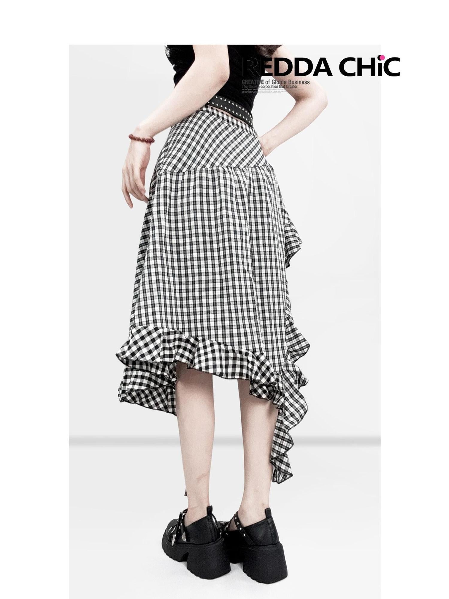 REDDACHIC Black White Check Asymmetric Ruffle A Line Women'S Cotton Polyester Midi Skirts