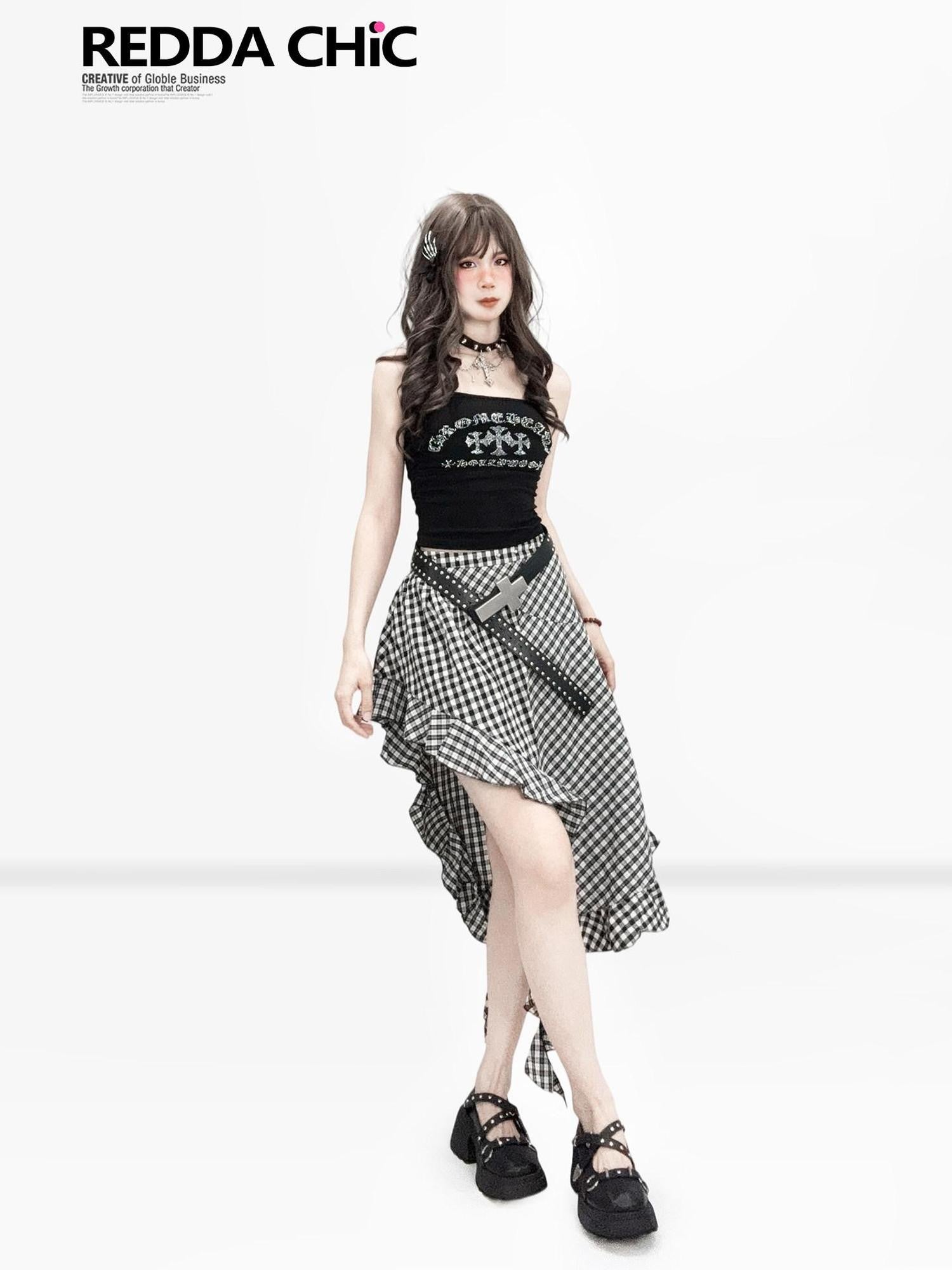 REDDACHIC Black White Check Asymmetric Ruffle A Line Women'S Cotton Polyester Midi Skirts