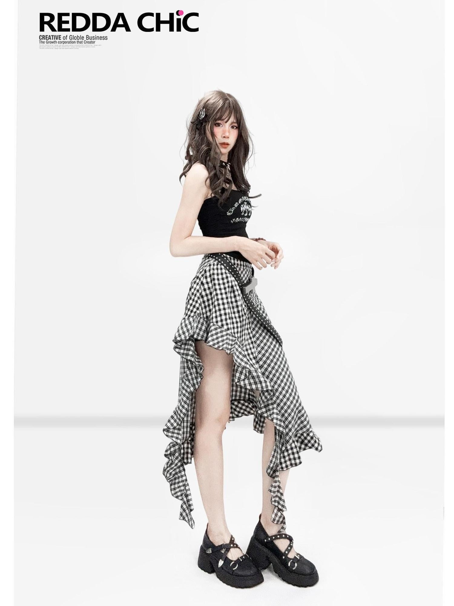 REDDACHIC Black White Check Asymmetric Ruffle A Line Women'S Cotton Polyester Midi Skirts
