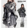 REDDACHIC_Black_White_Check_Hooded_Asymmetrical_Cape_Women'S_Wool_Boucle_Cardigans_MISSTT
