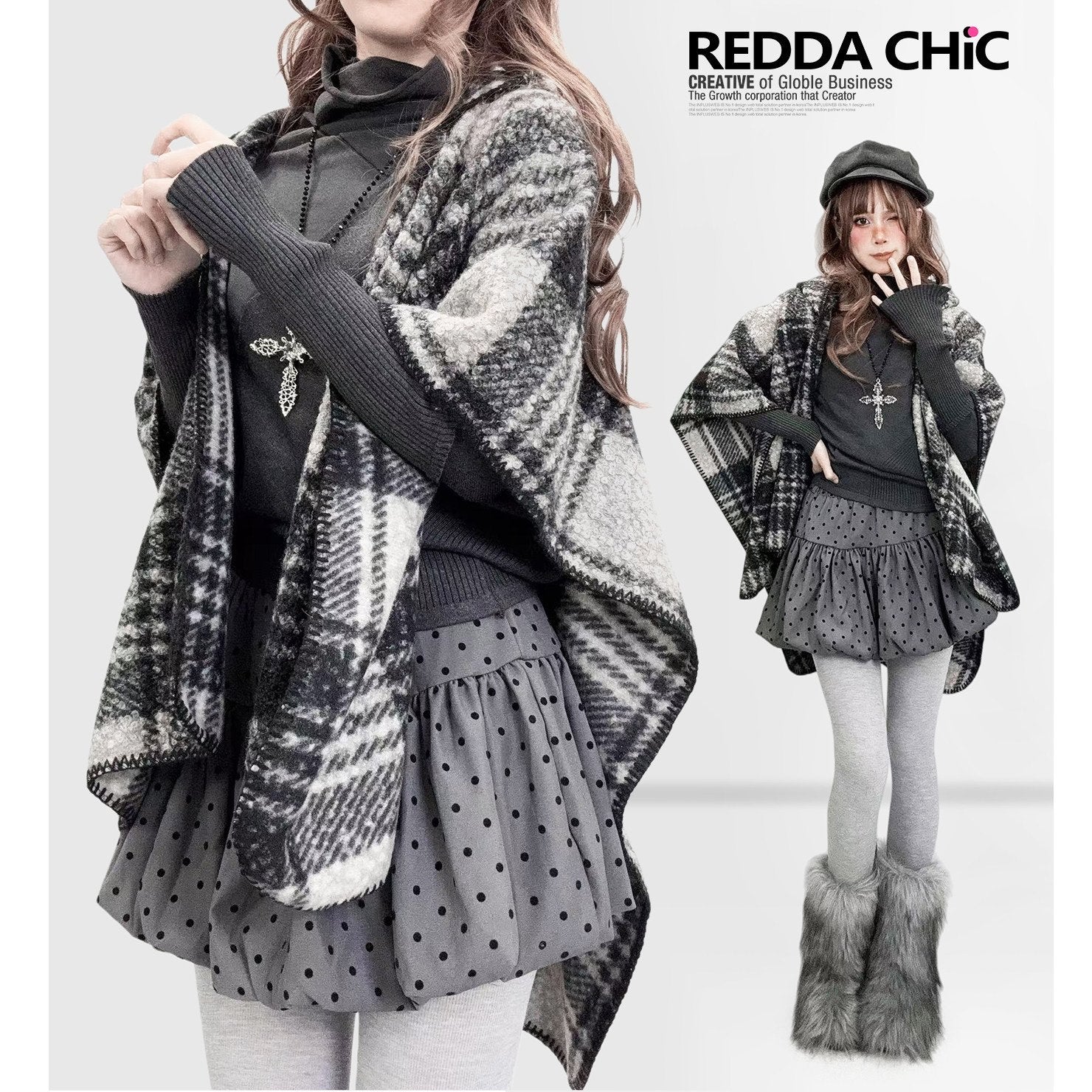 REDDACHIC_Black_White_Check_Hooded_Asymmetrical_Cape_Women'S_Wool_Boucle_Cardigans_MISSTT