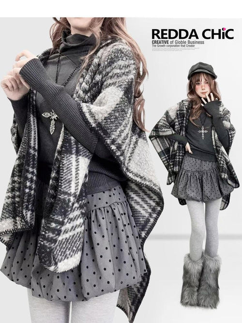 REDDACHIC Black White Check Hooded Asymmetrical Cape Women'S Wool Boucle Cardigans