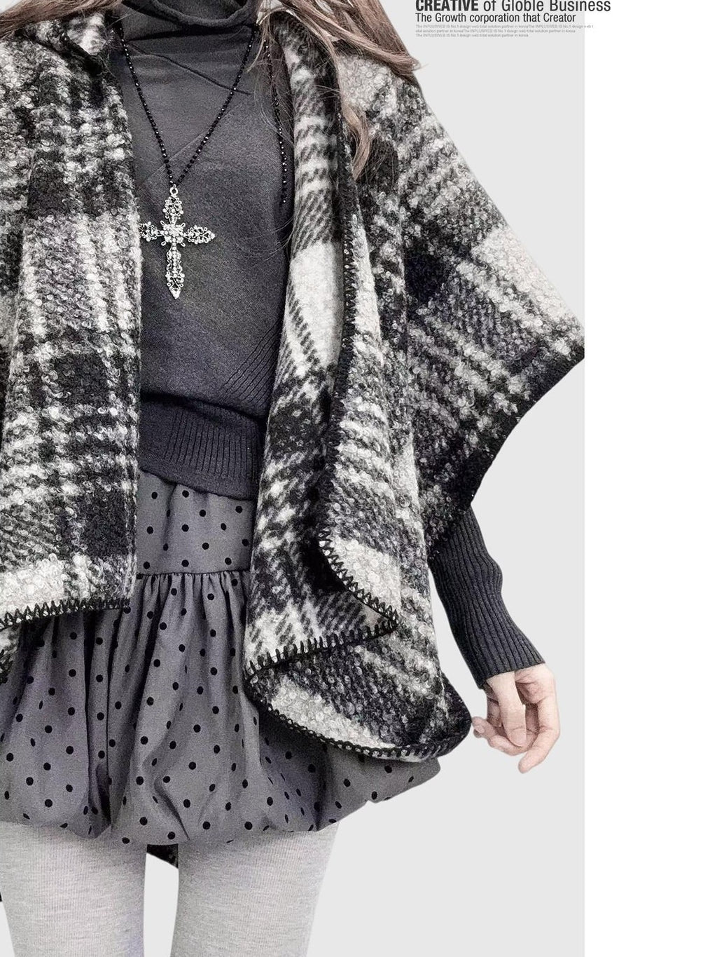 REDDACHIC Black White Check Hooded Asymmetrical Cape Women'S Wool Boucle Cardigans