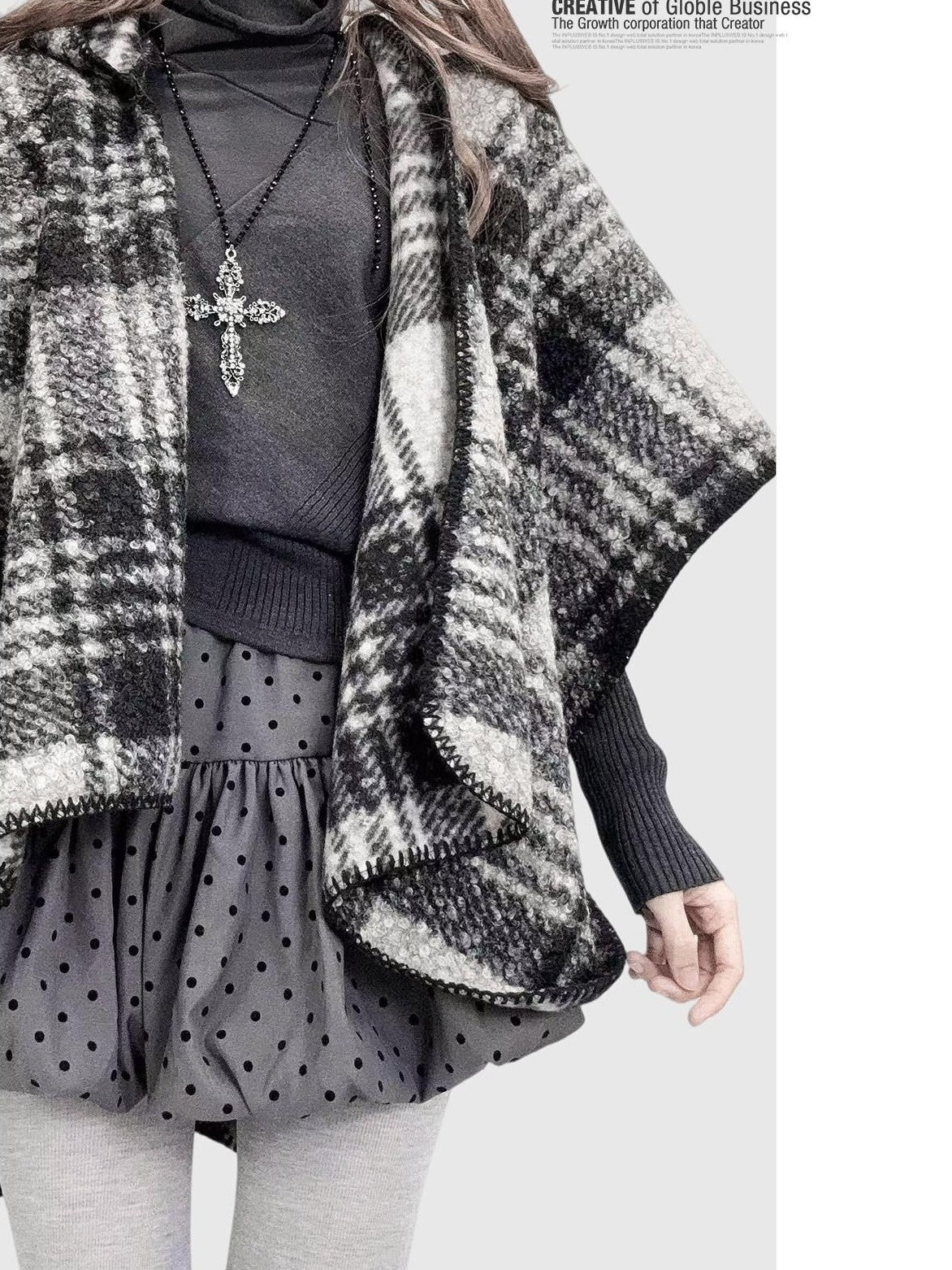REDDACHIC Black White Check Hooded Asymmetrical Cape Women'S Wool Boucle Cardigans