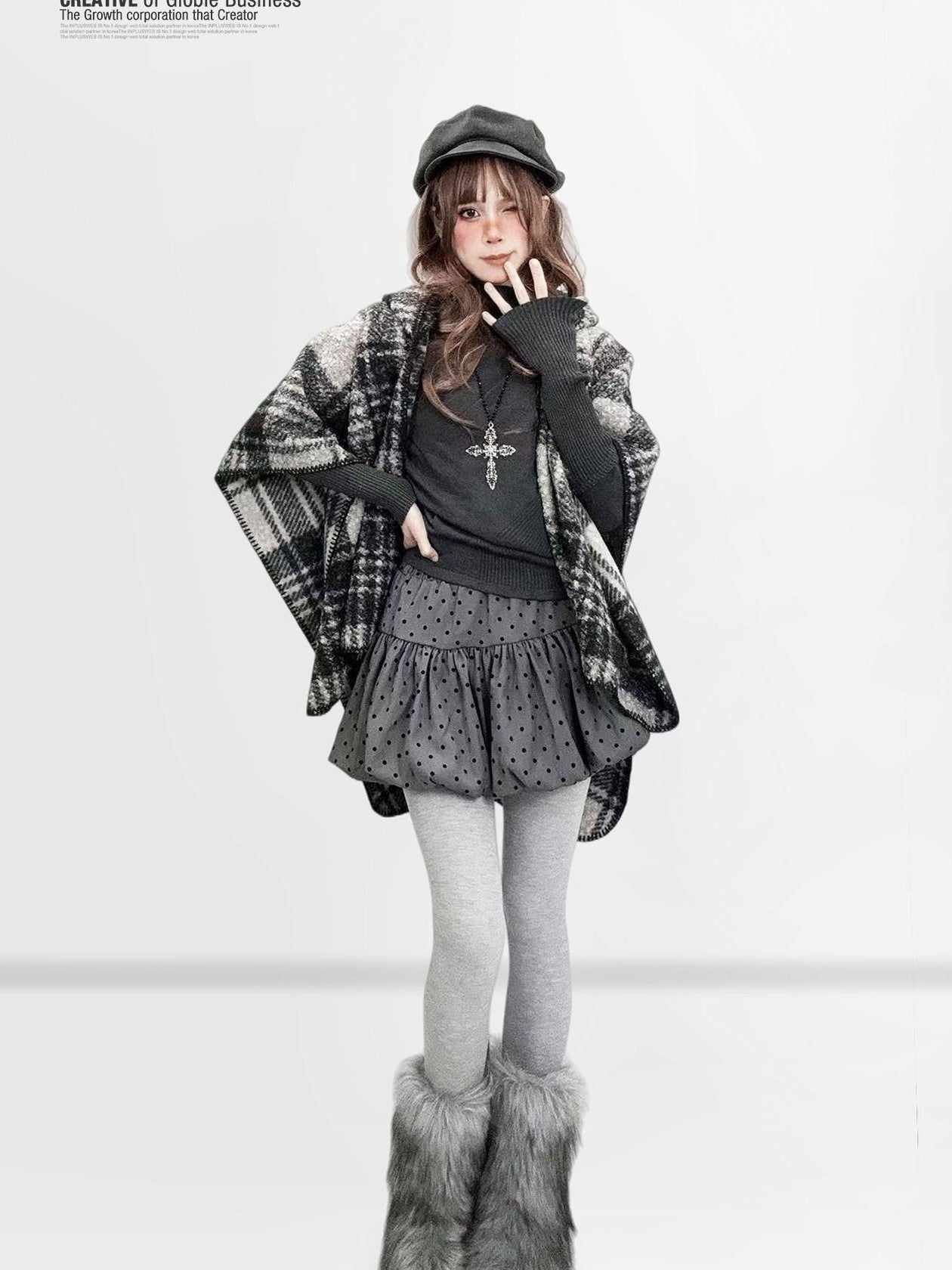 REDDACHIC Black White Check Hooded Asymmetrical Cape Women'S Wool Boucle Cardigans