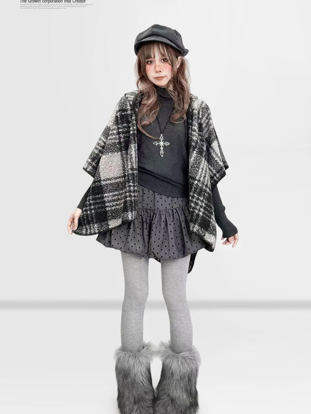 REDDACHIC Black White Check Hooded Asymmetrical Cape Women'S Wool Boucle Cardigans