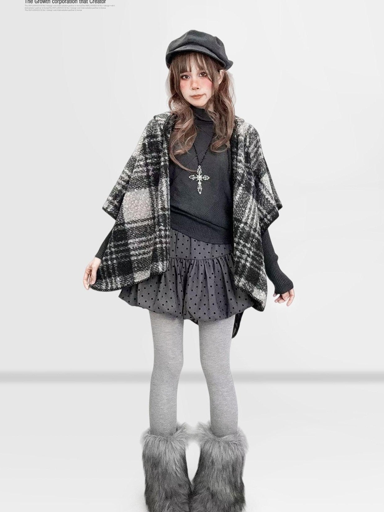 REDDACHIC Black White Check Hooded Asymmetrical Cape Women'S Wool Boucle Cardigans