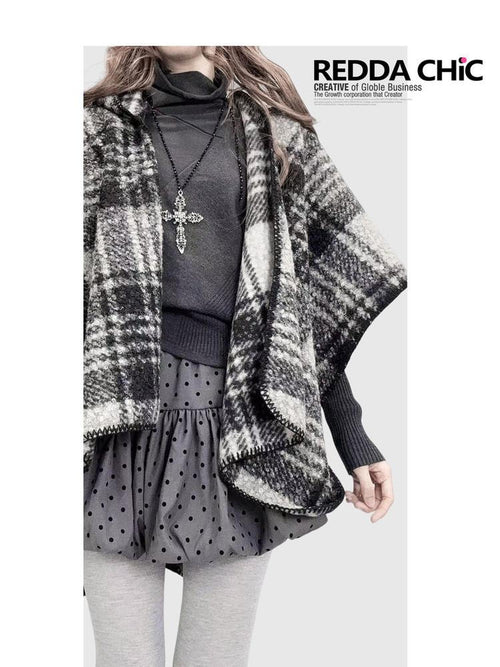 REDDACHIC Black White Check Hooded Asymmetrical Cape Women'S Wool Boucle Cardigans