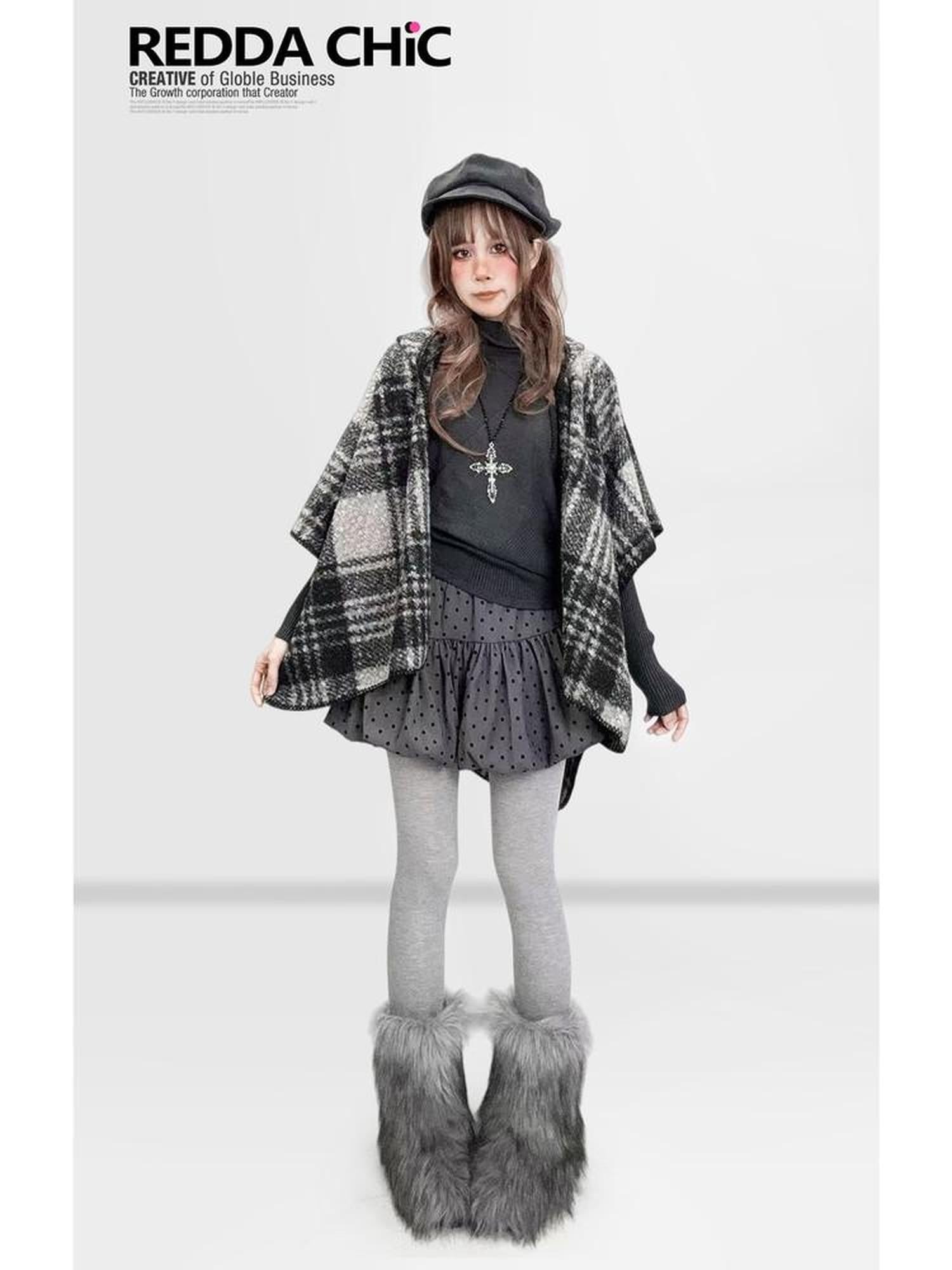 REDDACHIC Black White Check Hooded Asymmetrical Cape Women'S Wool Boucle Cardigans