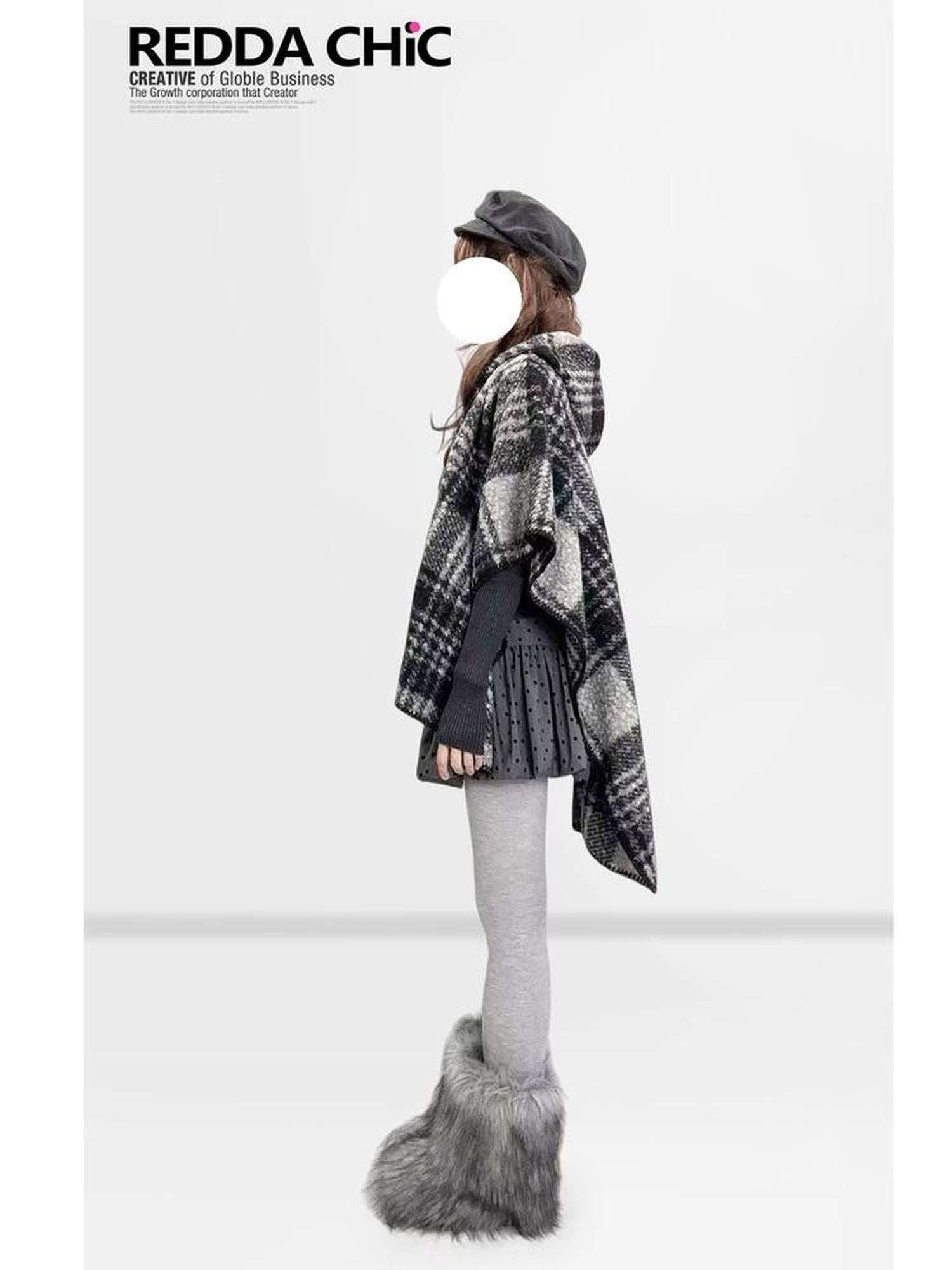 REDDACHIC Black White Check Hooded Asymmetrical Cape Women'S Wool Boucle Cardigans