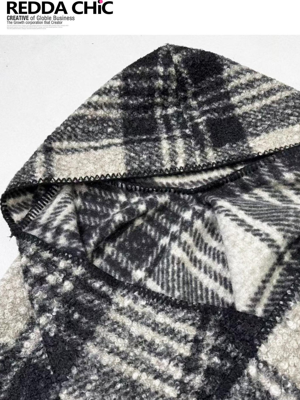 REDDACHIC Black White Check Hooded Asymmetrical Cape Women'S Wool Boucle Cardigans