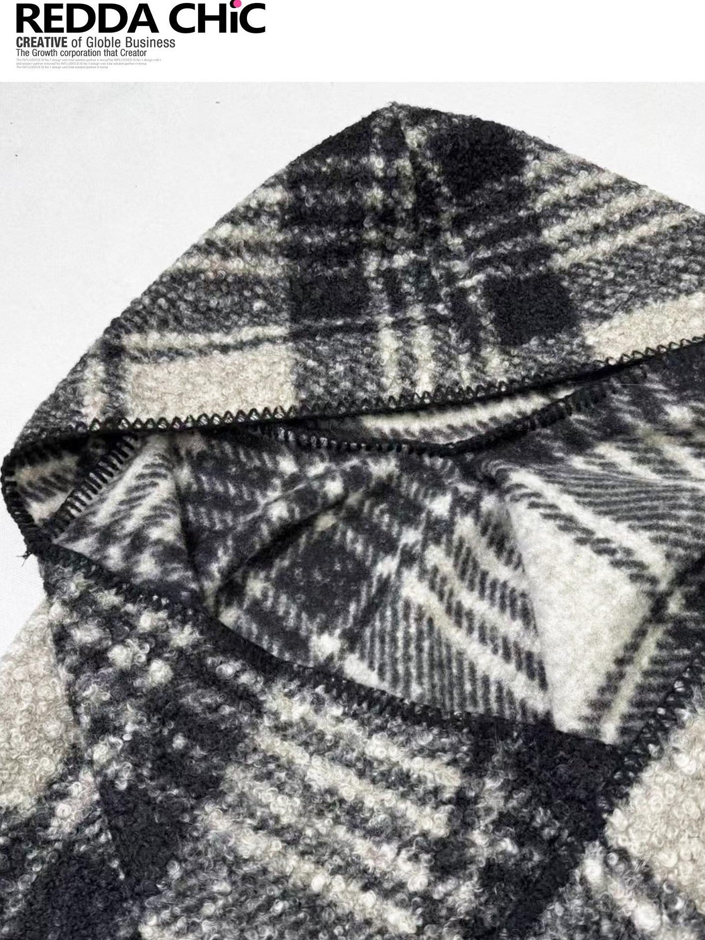 REDDACHIC Black White Check Hooded Asymmetrical Cape Women'S Wool Boucle Cardigans