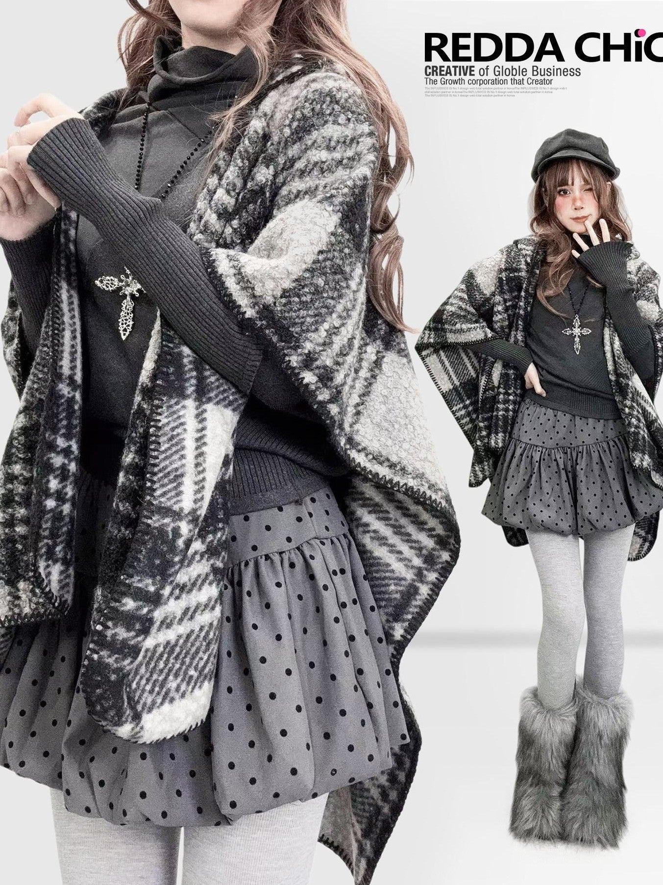 REDDACHIC Black White Check Hooded Asymmetrical Cape Women'S Wool Boucle Cardigans